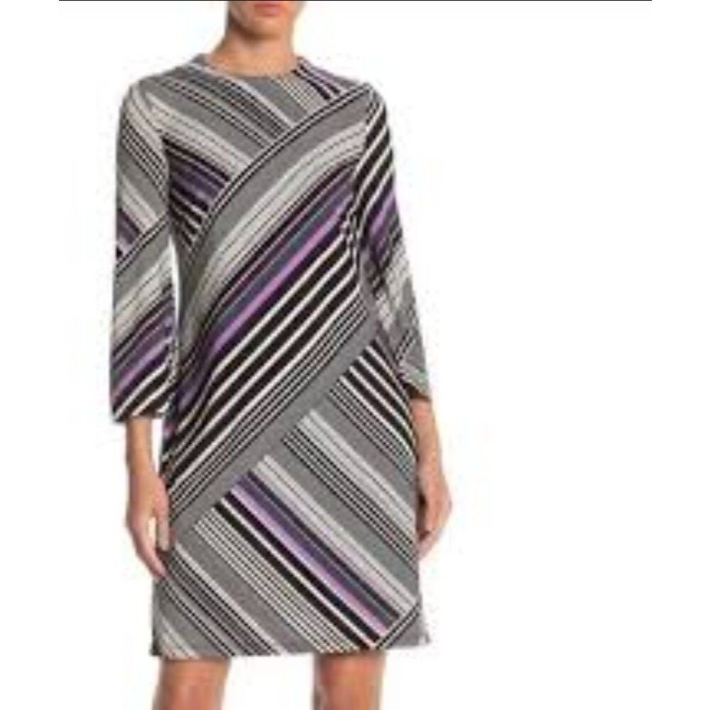 Trina Turk Dress Women's Large Vibrant Color Merry Stripe 3/4 Bell Sleeve Sheath